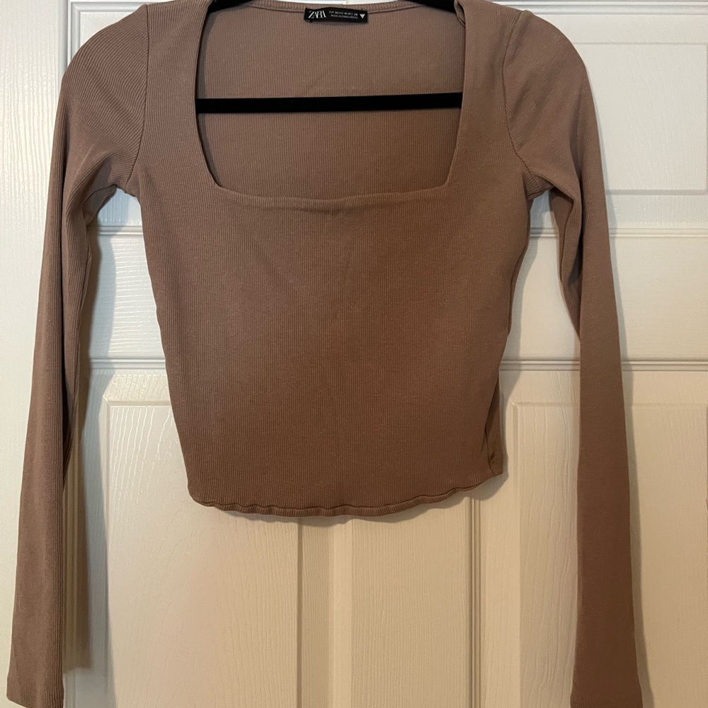 Zara Brown Long Sleeve Fitted Crop Bodysuit